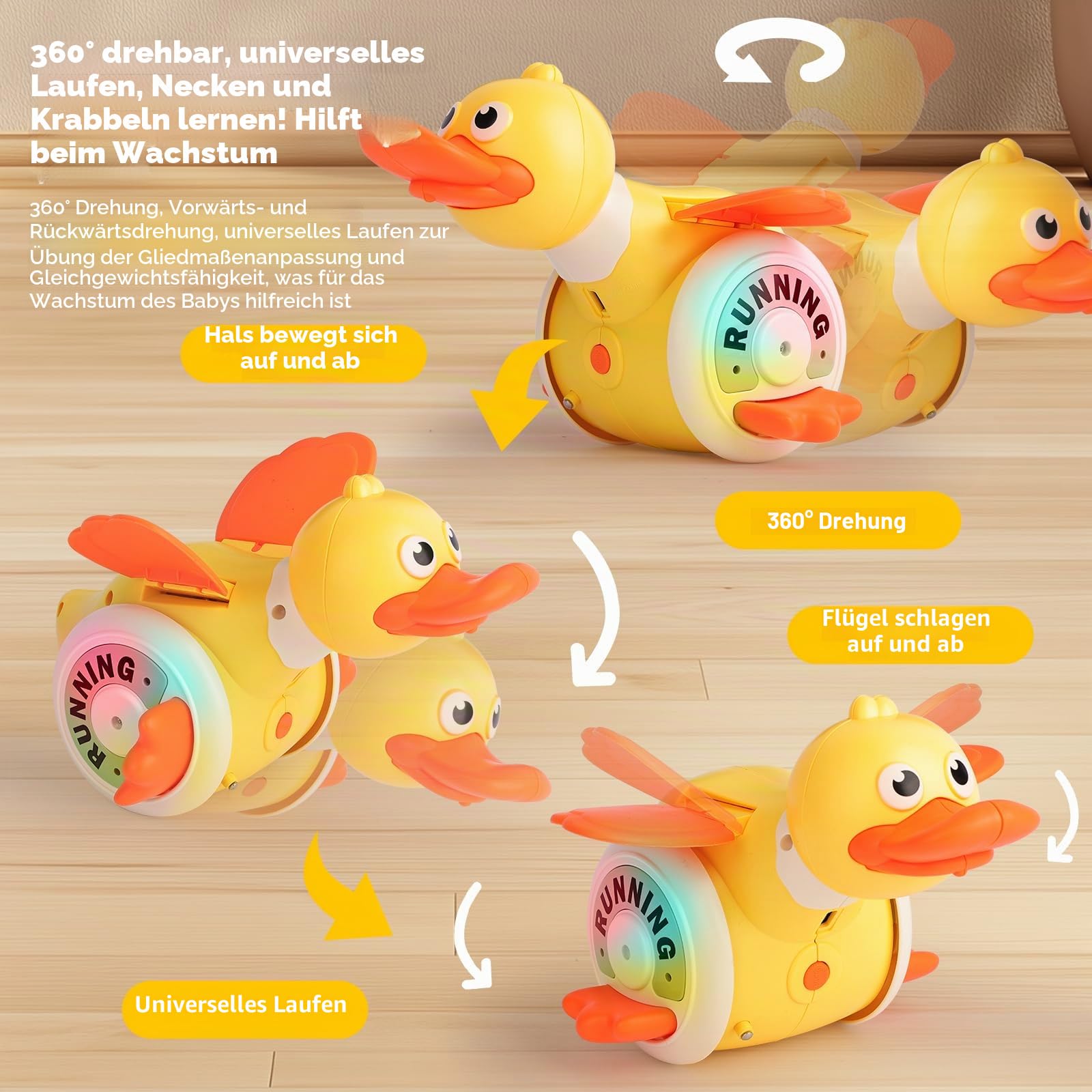 Spielzeug Ente, geeignet für Babys ab 1 Jahr, mit Musiksteuerung, Tanz- und Lichtfunktionen, wiederaufladbar über USB, geeignet für Kinder von 6 Monaten bis 4 Jahren