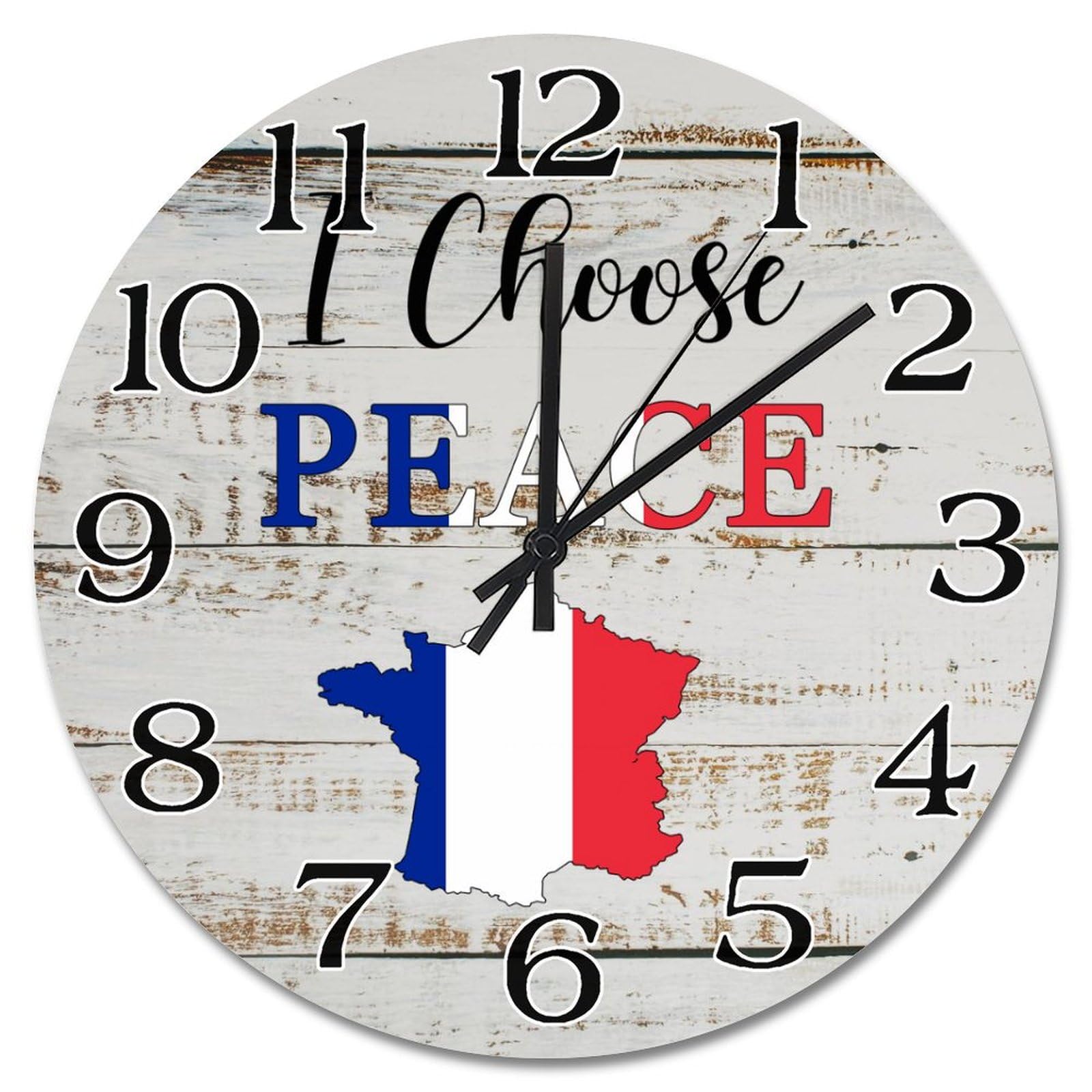 Horloge murale France ronde 38cm à piles avec drapeau tricolore pour salon rustique