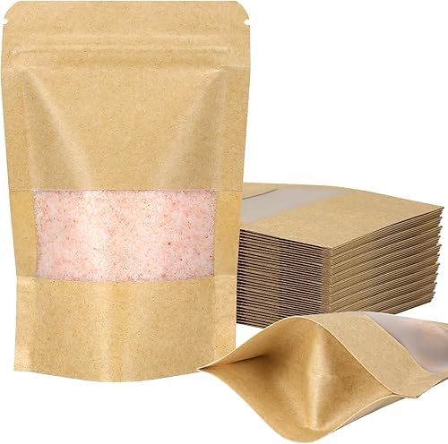 Bolsas de pie, paquete de 100 bolsas de papel kraft con muesca de desgarro y ventana mate, bolsa de almacenamiento de alimentos resellable con