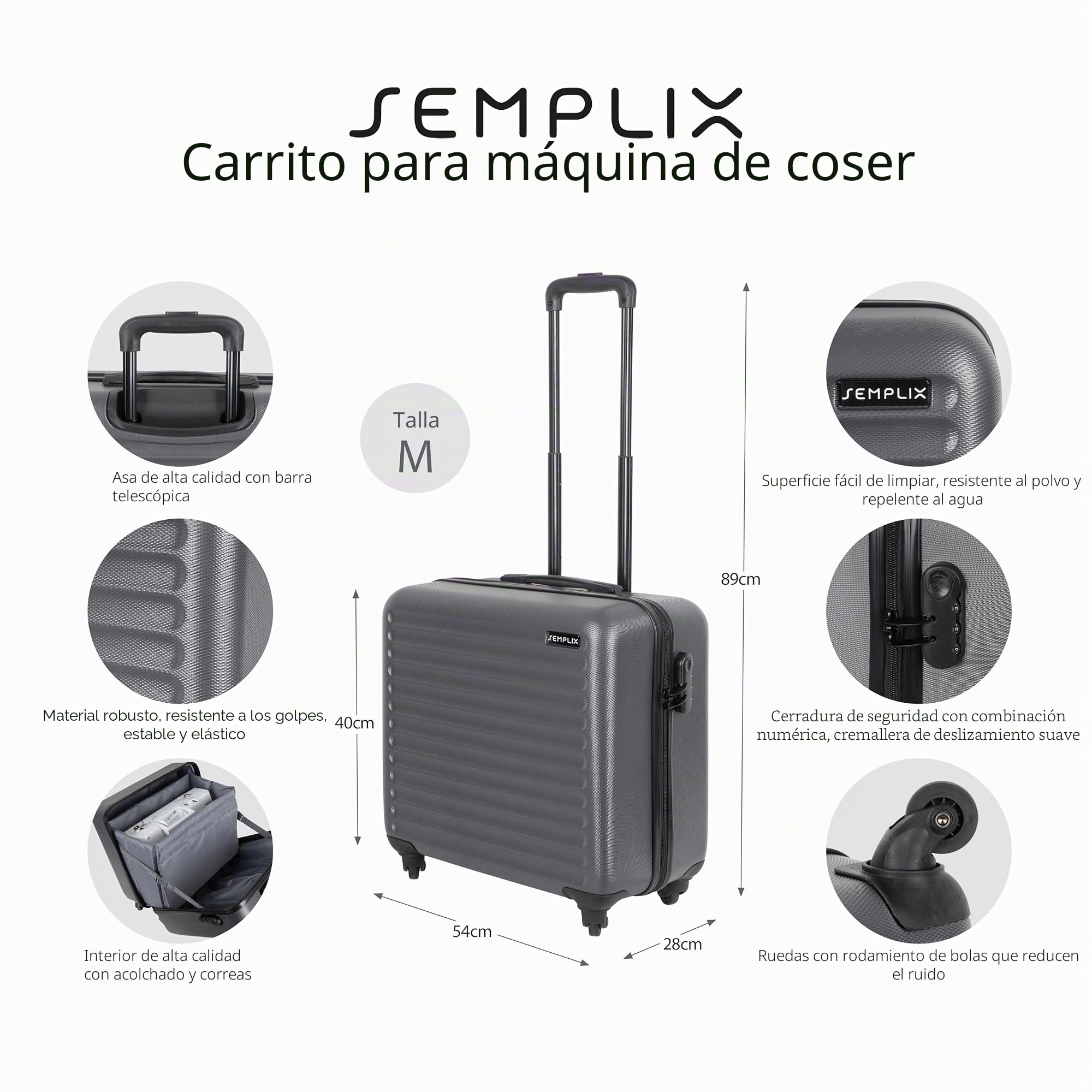 SEMPLIX Carro para máquina de coser para todo tipo de máquinas de coser domésticas, maletín rígido con alta movilidad y maniobrabilidad 360° gracias a 4 ruedas suaves, turquesa, 56,5 cm × 28,5 cm × 40