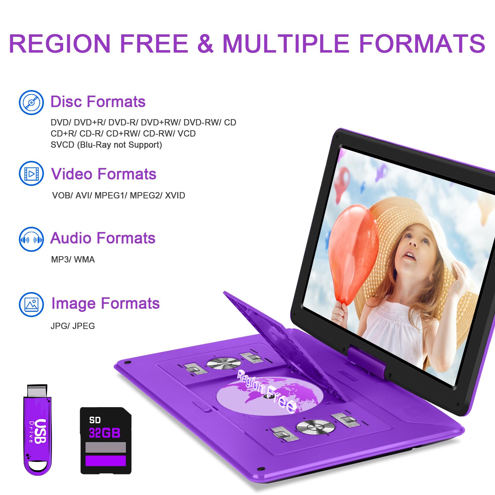 Lettore DVD portatile da 17,6" con grande schermo HD da 15,6", batteria ricaricabile da 6 ore, supporta USB/scheda SD/sincronizzazione TV, diversi formati di disco, lettore DVD portatile con
