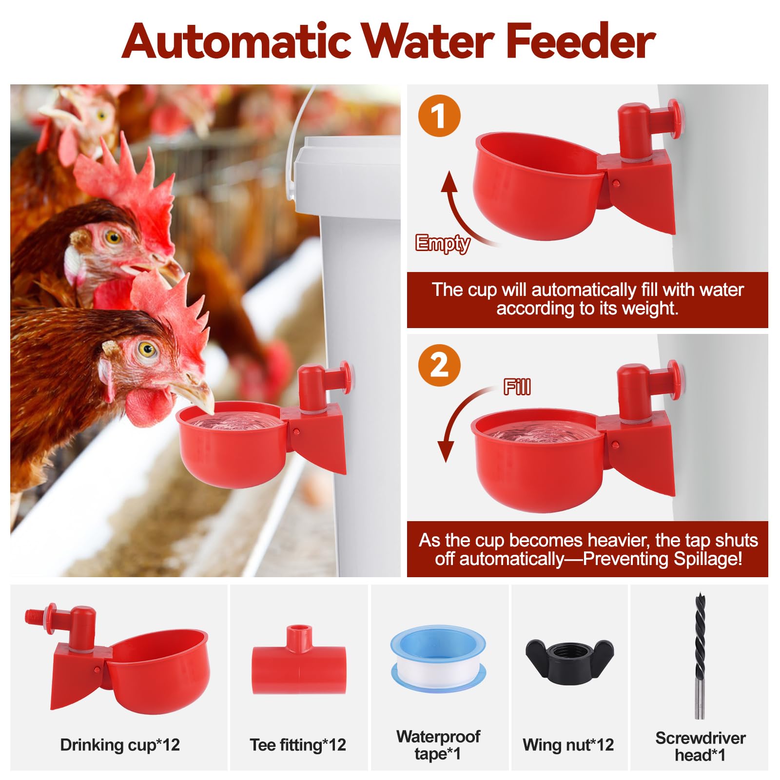 Kalolary Bicchieri automatici per abbeveratoio per pollo, confezione da 12 pezzi, con raccordi a T, per pulcino, coniglio, oca, anatra, tacchino, contenitore professionale per acqua per pollame con - 4