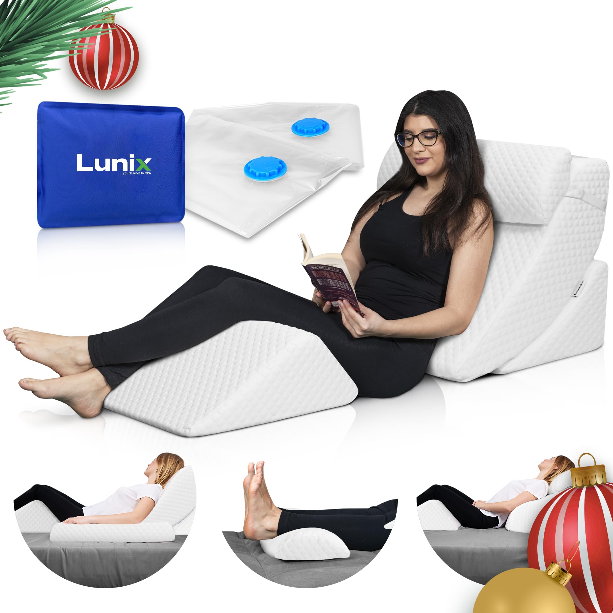 Lunix 4pcs Memory Foam Wedge Pillow Set for Back, Knee & Leg Pain Relief, Orthopedic Bed Pillow for Post Surgery, Reflux, GERD, Anti-Snoring, with Hot Cold Pack, White