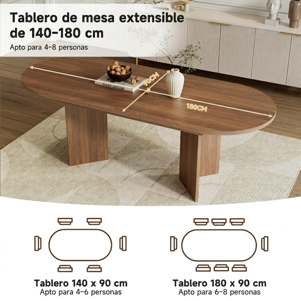 Runder Esstisch Ausziehbar 140/180x90x75cm, Ausziehbarer Esstisch Oval, Kaffee-Freizeittisch, Esszimmertisch, Küchentisch, für 6–8 Personen, für Küche, Wohnzimmer (Walnussholzfarbe, 140/180x90x75cm)