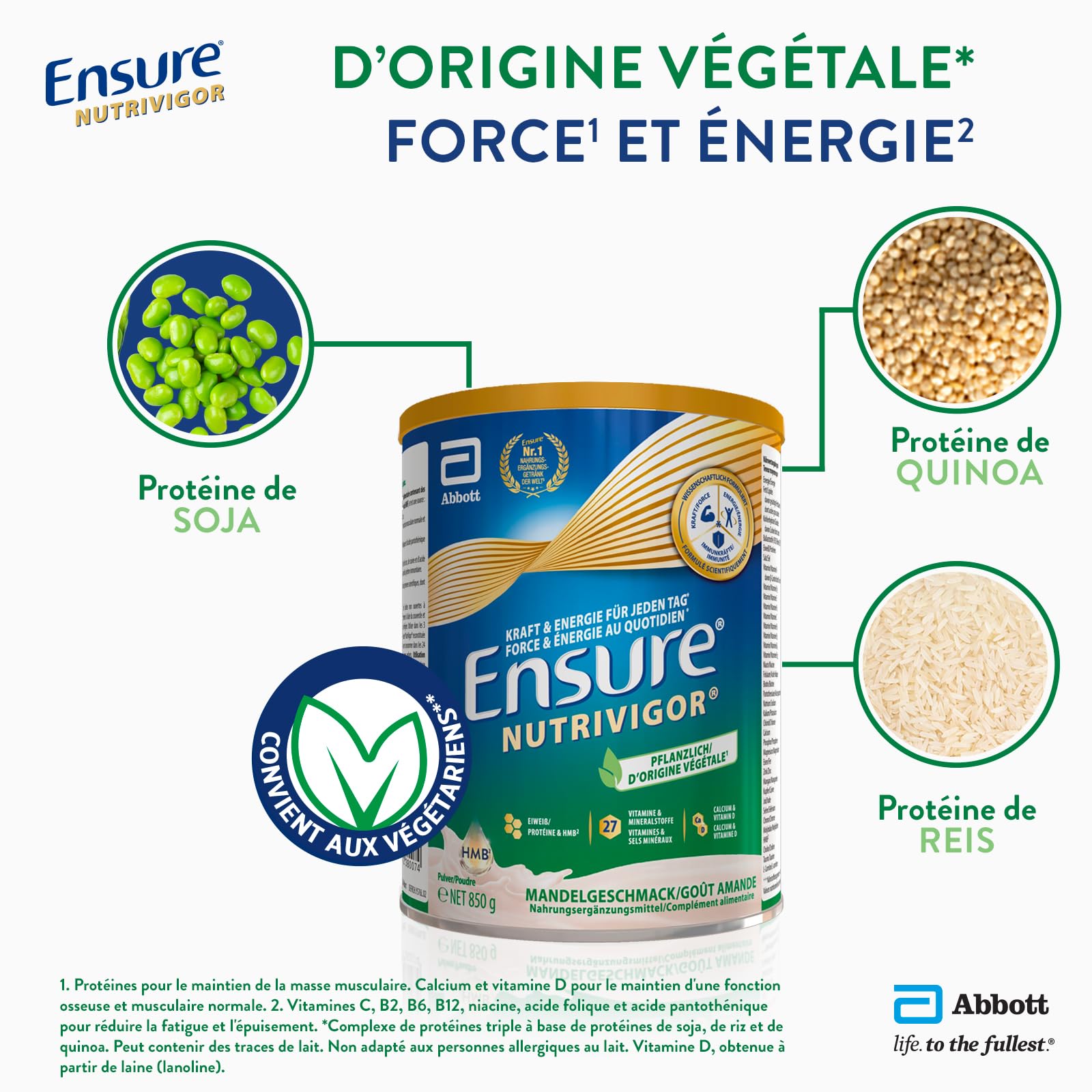 Ensure NutriVigor d'origine végétale - Complément alimentaire avec protéine, HMB et 27 vitamines et minéraux, y compris la vitamine C, le magnésium et le zinc - Saveur amande - 1 x 850g