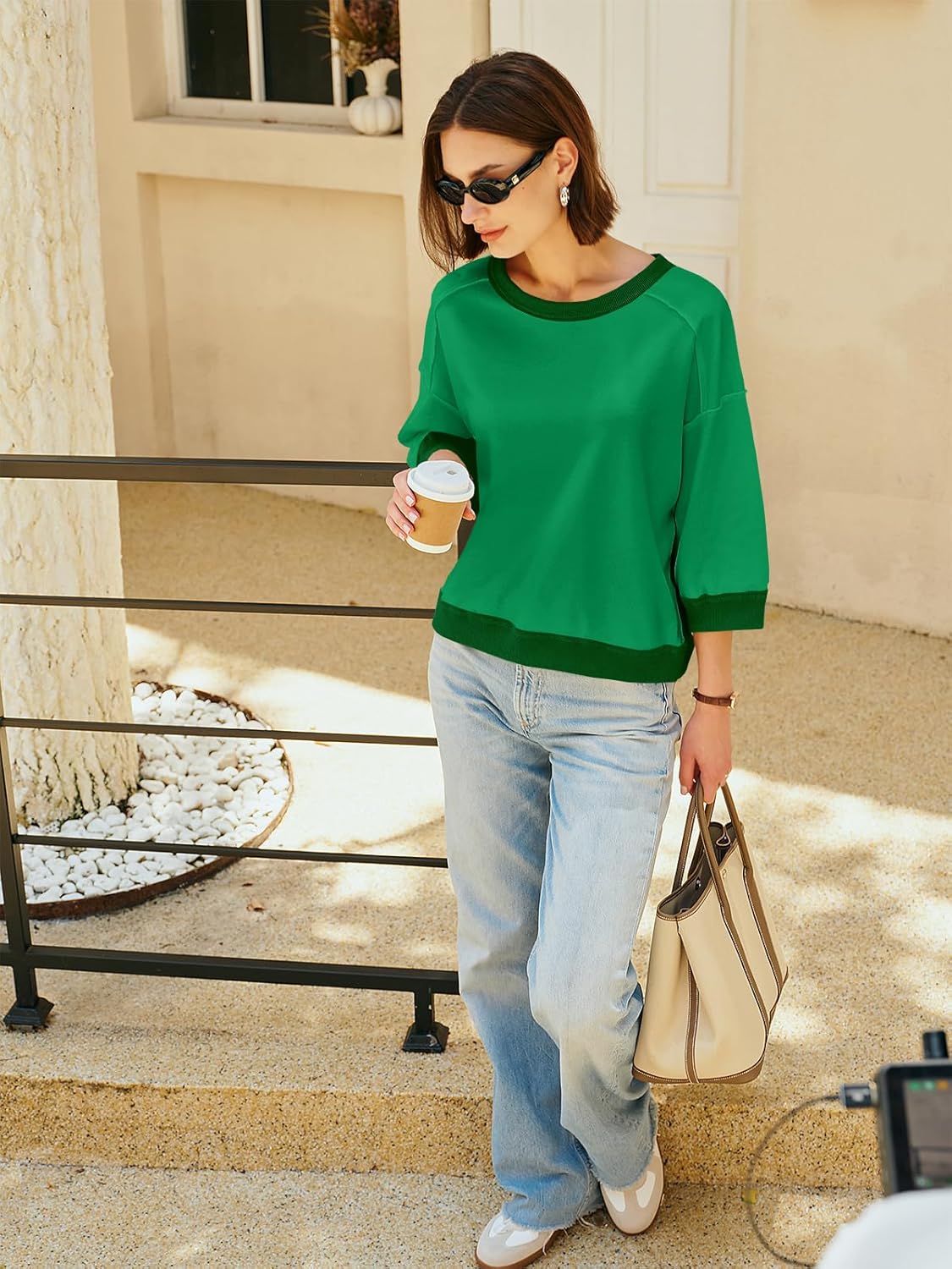 Nirovien Womens Short Sleeve Sweatshirt Oversized Crewneck Sweatshirts 3/4 Sleeve Casual Summer Tops - Image 7