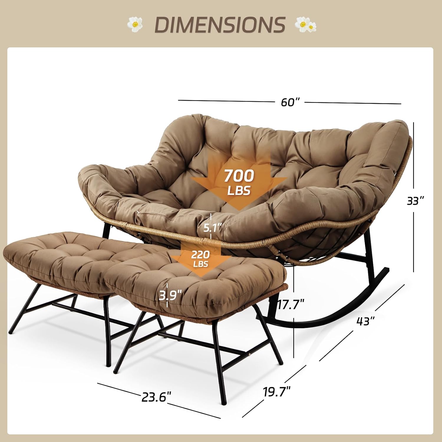 BULEXYARD Double Papasan Rocking Chair Outdoor, 2 Person Oversized Wicker Patio Egg Rocking Chair with Cushion, Heavy Duty Comfy Loveseat for Balcony, Porch, Garden (Brown, 2 Seats w/Ottoman)