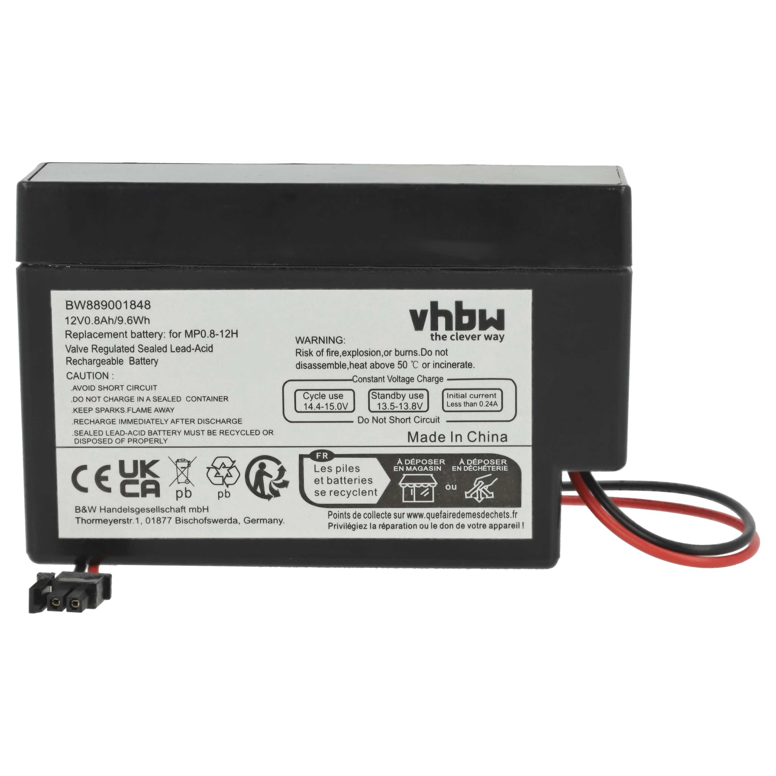 vhbw 4x Batteria sostituisce Powersonic PS-1208 per (800mAh, 12V, AGM, connettore AMP)
