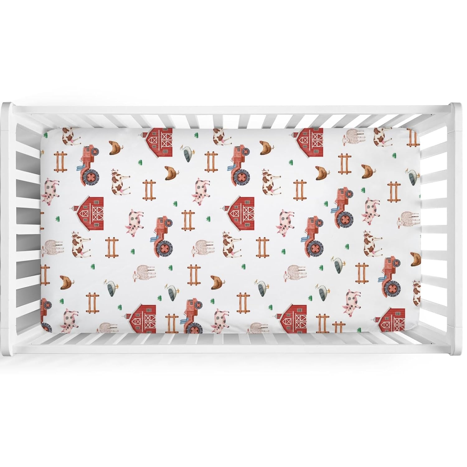 Watercolor Farm Animals Baby Crib Sheet 52''x28'' Farmhouse Barn Chicken Pig Duck Tractor Fitted Crib Mattress Sheet Covers for Boy Girl Baby Nursery Bed Sheets for Standard Crib Mattress