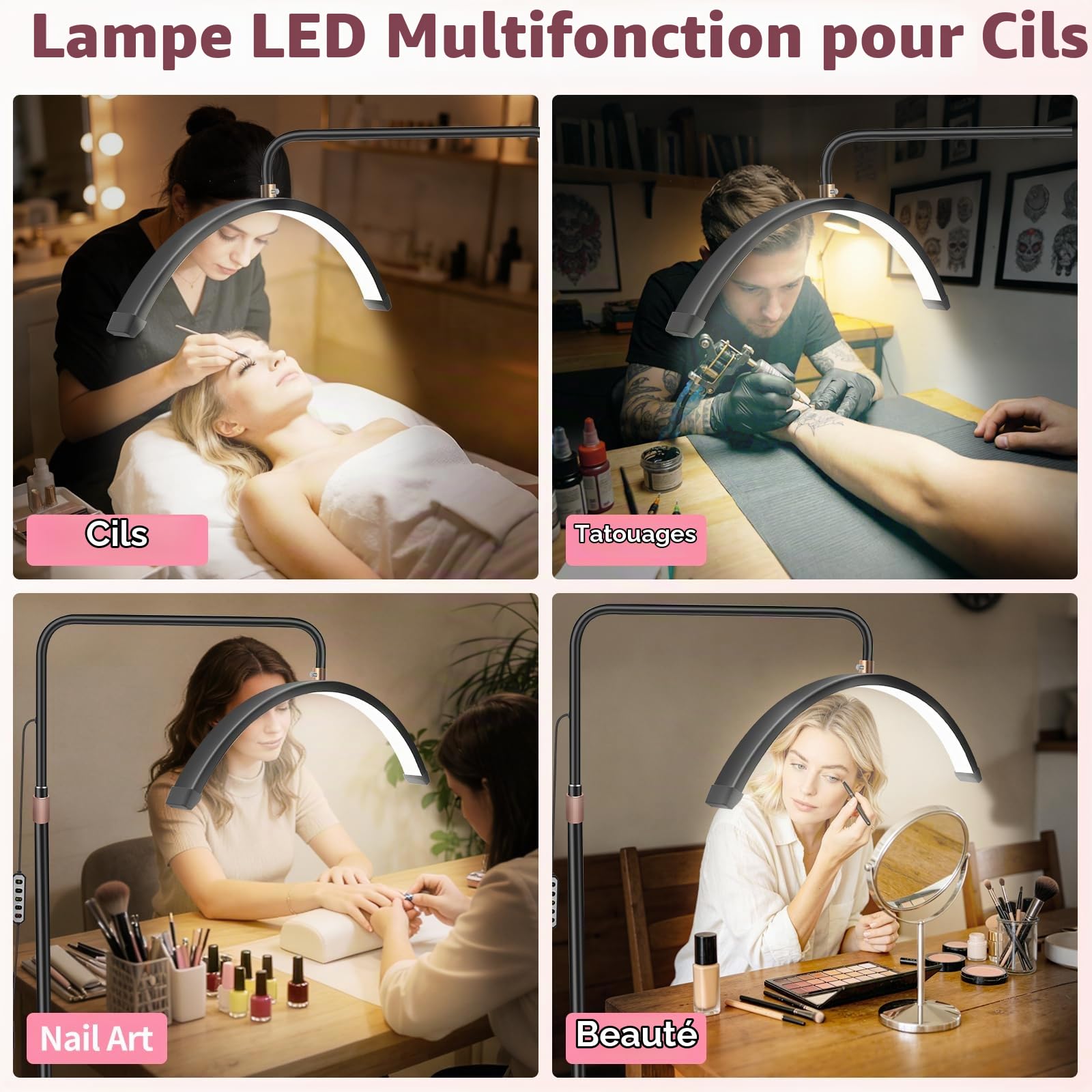 Diesisa Lampe Demi Lune Extension De Cils: Luminosité réglable Lampe Demi Lune - Avec support pour téléphone - TêTe De Lampe Rotative à 360° - Utilisé Pour Les Extensions De Cils, Les Tatouages -Noir