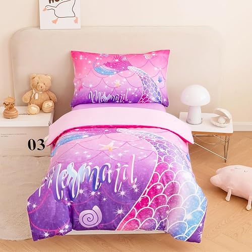 Miniatura 10 de Juego de edredón de sirena para niñas pequeñas, 4 piezas de ropa de cama infantil con escamas de peces con purpurina degradada, ultrasuave,
