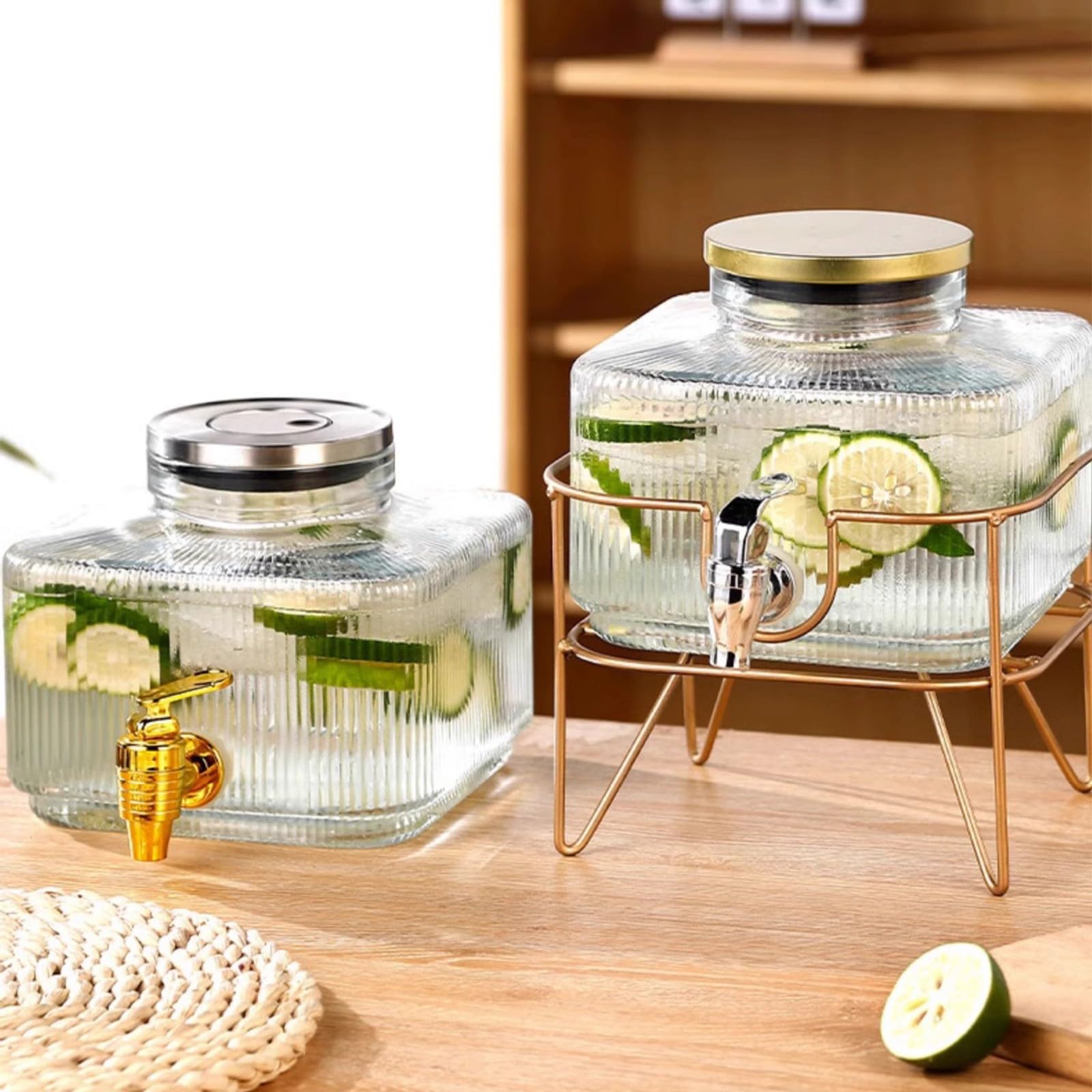 Jarra de agua transparente con tapa de acero inoxidable y boquillas, botella de agua para fiesta con dispensador de agua de vidrio con grifo