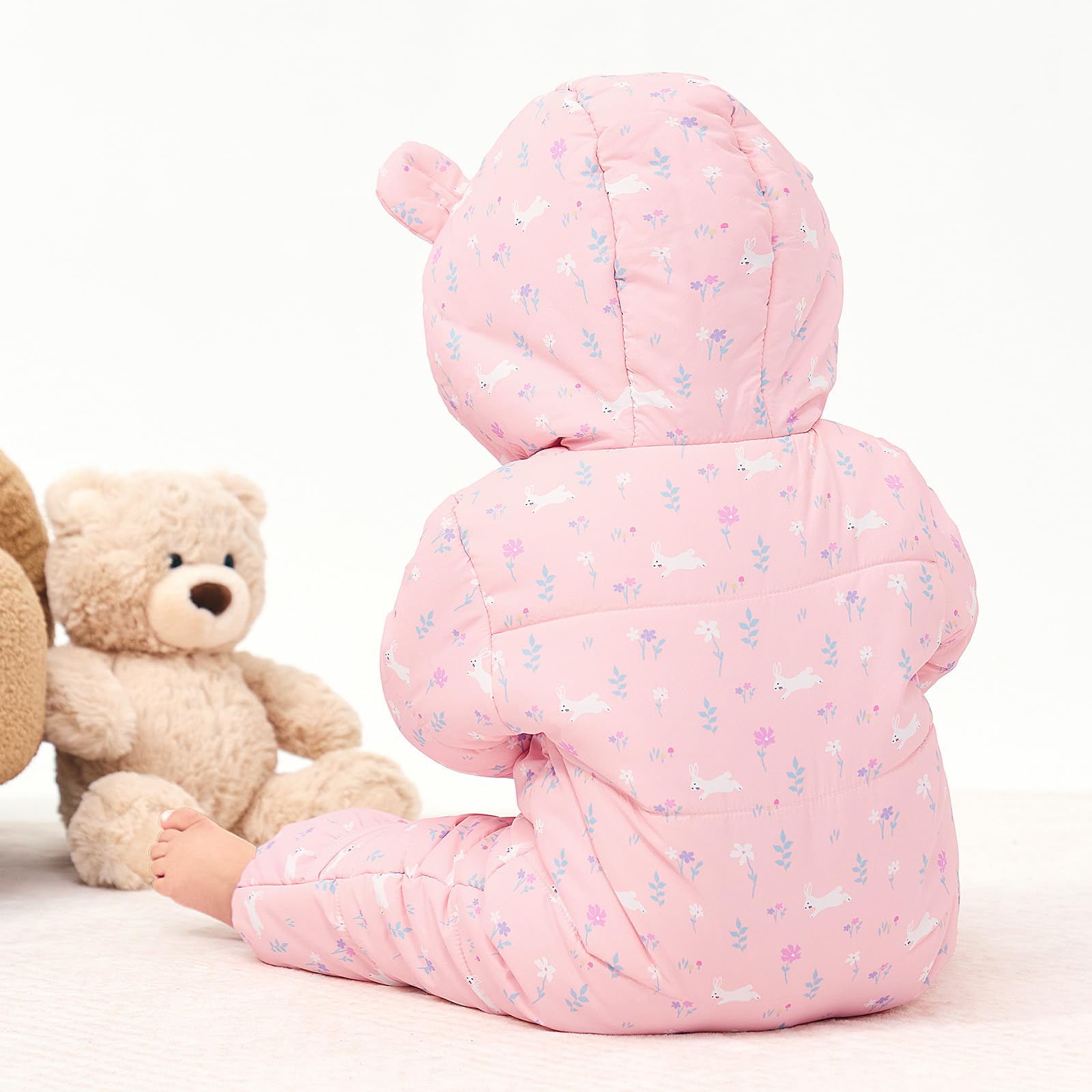 JiAmy Baby Winter Schneeanzug, Kleinkind Bär Kapuze Fold-Over Fäustlinge Füßlinge Overall Kleinkind Warm Fleece Strampler Mädchen Jungen Warm Jumpsuit 3-24 Monate