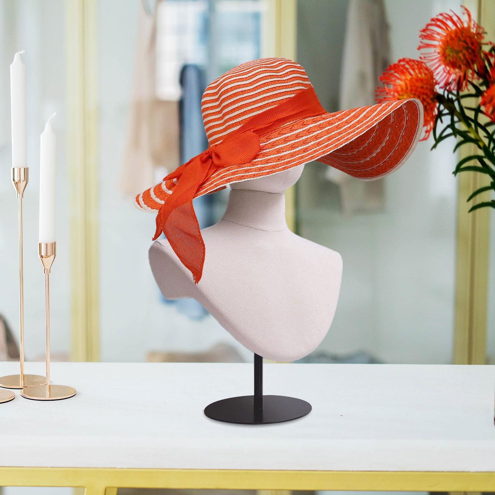 Generic Testa di Manichino con Supporto Espositivo, Pratica Base in Metallo, Decorativa Da Scrivania, Porta Cappelli, Sciarpe, Accessori per Capelli E Cuffie, Base Nera