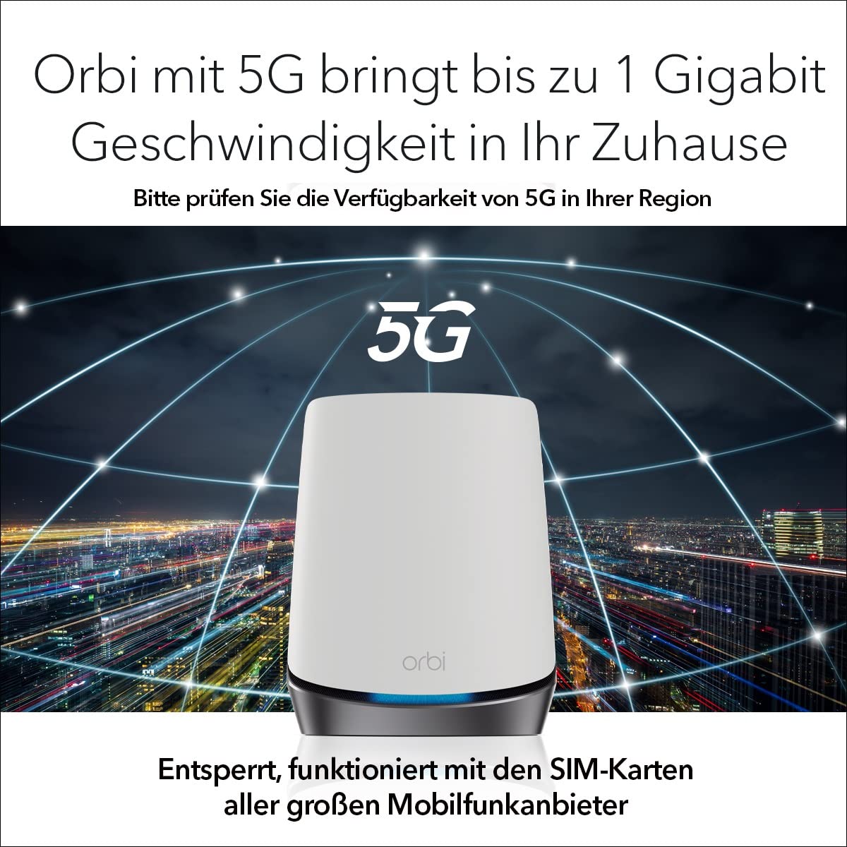 NETGEAR Orbi NBK752 5G LTE WiFi 6 WLAN Mesh System (5G Funknetz Homespot Set bis 350 m² Abdeckung und AX4200 Tri-Band, WLAN Router mit 5G Modem und Mesh Satellit, für Jede SIM-Karte freigeschaltet)