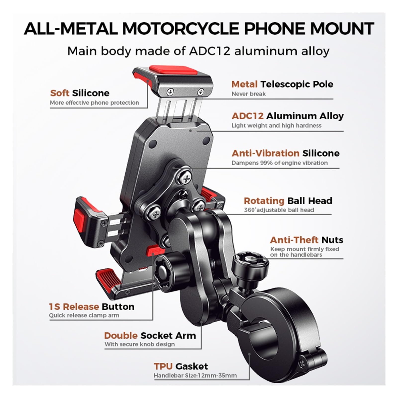 HILLAR Soporte Movil Moto Soporte De Teléfono para Motocicleta De Aleación De Aluminio con Amortiguador De Vibraciones Soporte para Teléfono De Motocicleta GPS Motocicleta Soporte Navegación