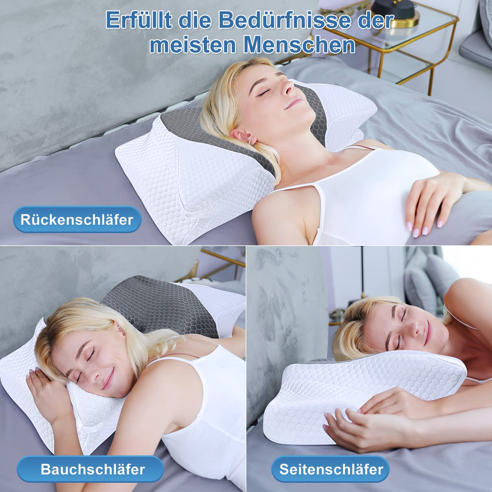 SAHEYER Cuscino ergonomico per il collo, cuscini in schiuma di memoria inodore, cuscini per il sonno laterale con sensazione di freschezza Cuscino di sostegno ortopedico ergonomico per il collo