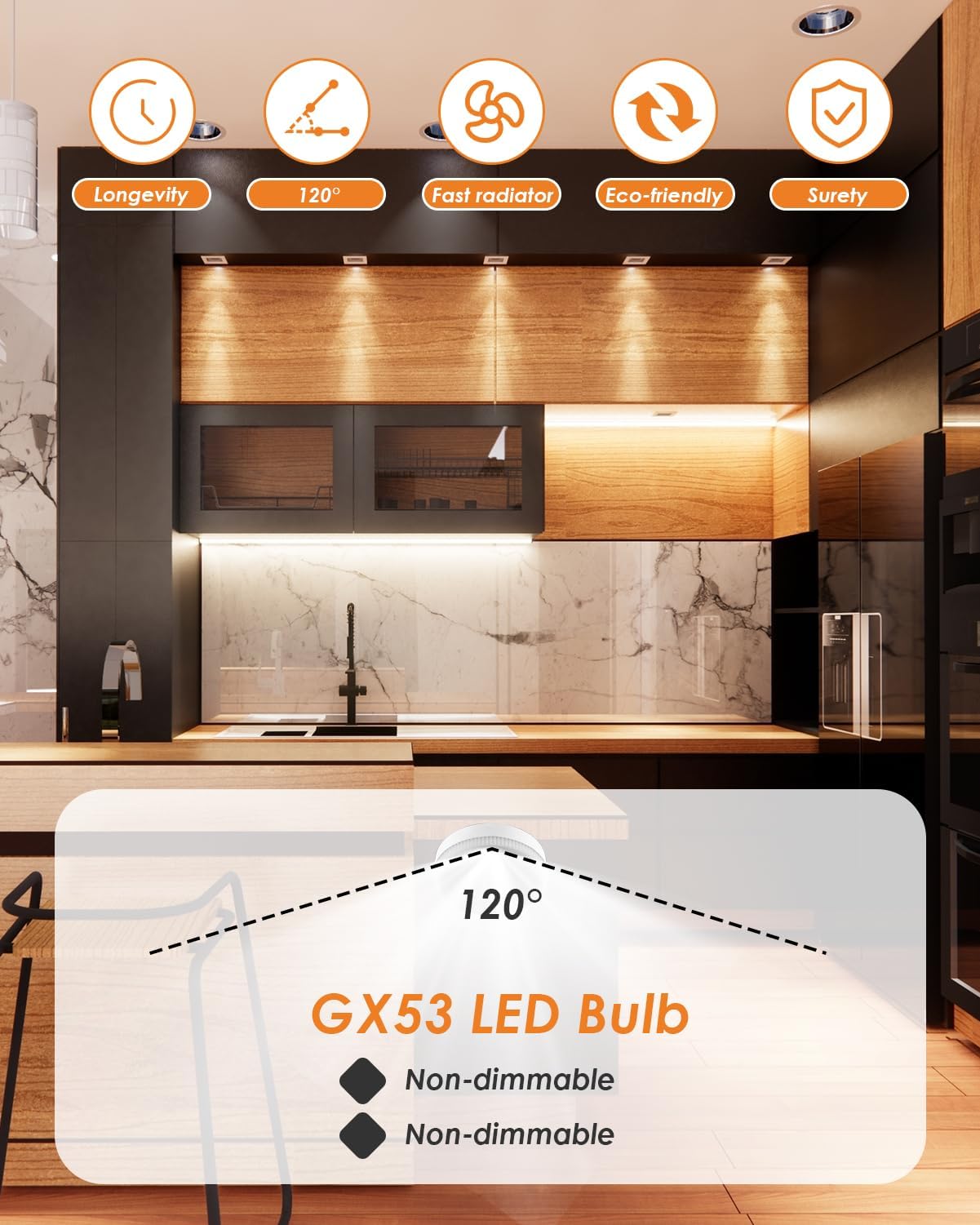 Yuio 4 Pack GX53 LED Bulb, 7W Warm White 3000k Bulbs, Replace 45W and 50W GX53 Halogen or CFL Bulbs, 600LM Non Dimmable - Image 2