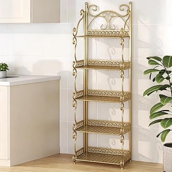 Folding Multi-Layer Storage Rack, Independent Storage Shelf with Reinforced Steel Pipes and Non-Slip Feet, Suitable for Kitchens, Living Rooms, Bedrooms, Bathrooms Gold 5-layer