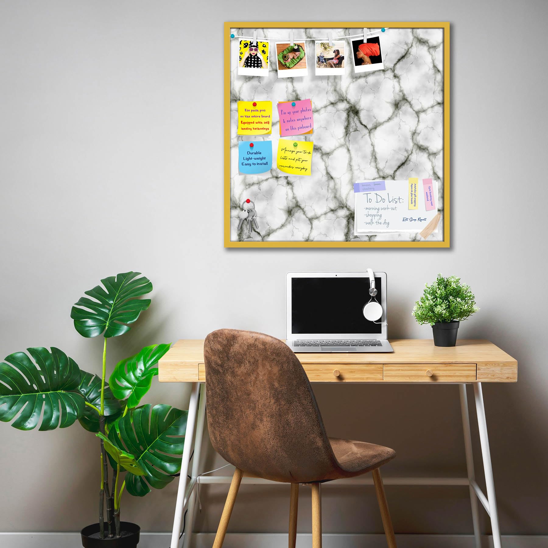 ArtzFolio Abstract Marble Art D3 | Bulletin Board Notice Pin Board | Vision Soft Board Combo with Thumb Push Pins & Sticky Notes | Golden Frame | 12 x 12 inch (30 x 30 cms)