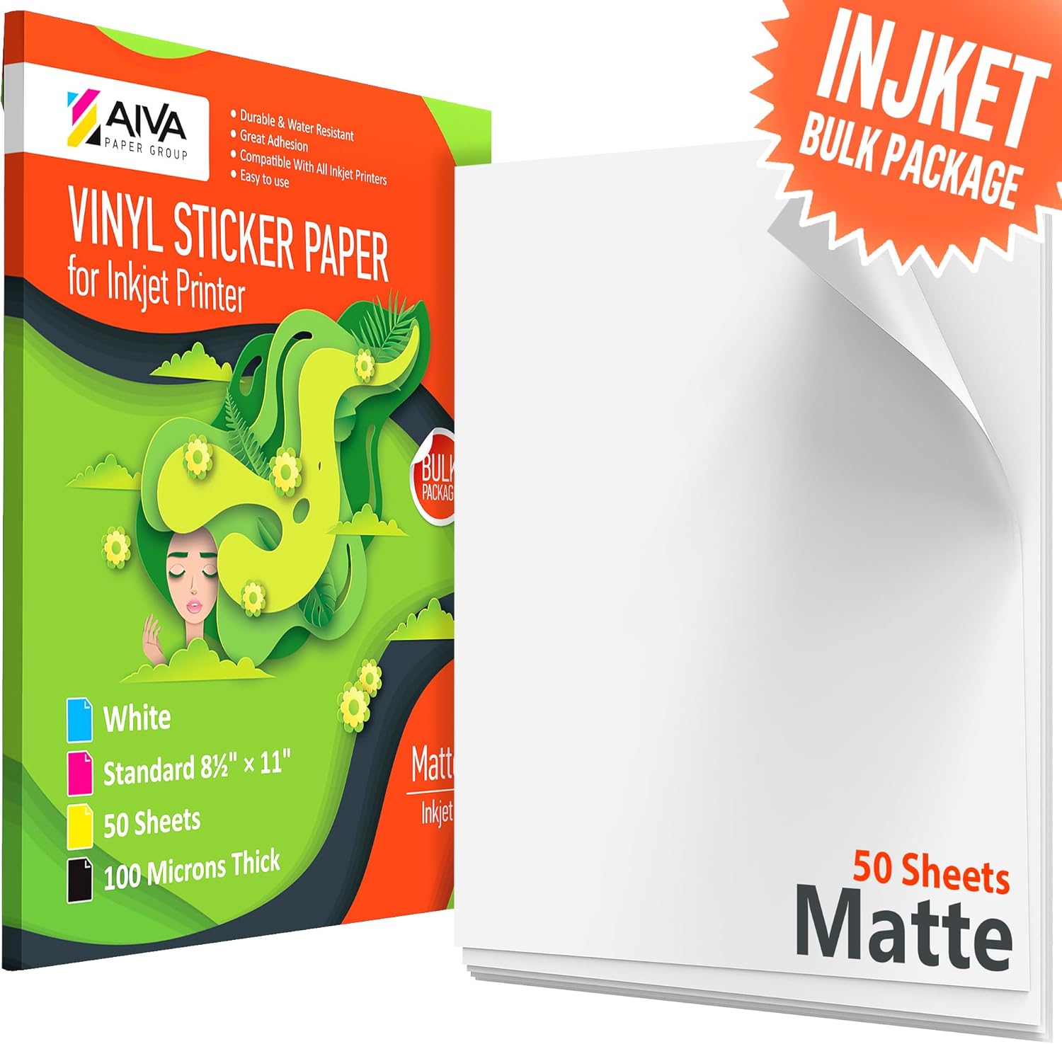 Printable Vinyl Sticker Paper - Waterproof Decal Paper for Inkjet Printer - 50 Self-Adhesive Sheets - Matte White - Standard Letter Size 8.5"x11"