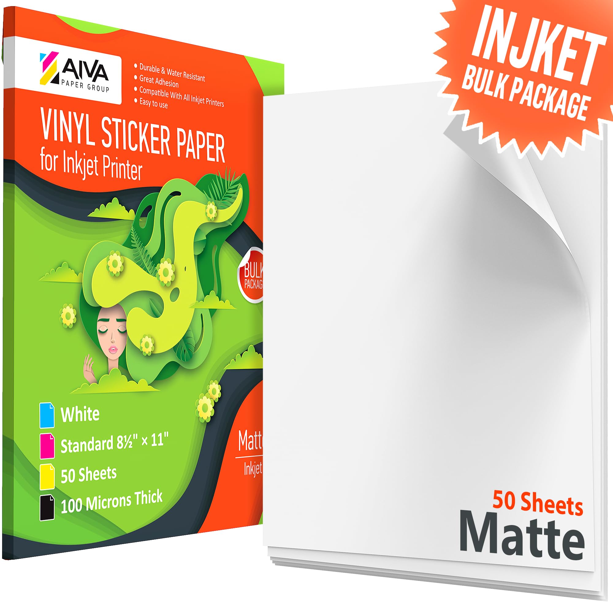 Bedruckbares Vinyl-Aufkleberpapier – wasserdichtes Aufkleberpapier für Tintenstrahldrucker – 50 selbstklebende Blätter – matt weiß – Standardbriefgröße 21,6 x 27,9 cm