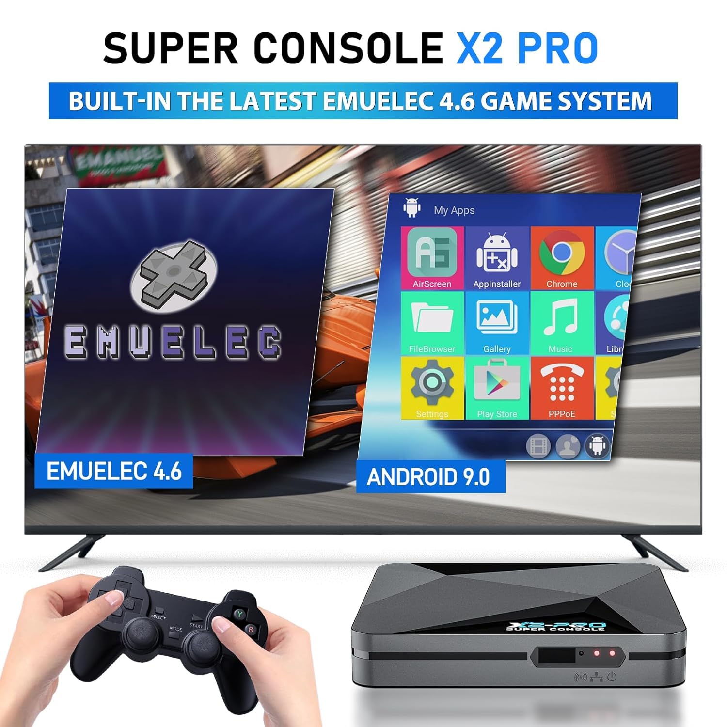 Kinhank Consola de juegos retro con más de 65000 juegos, consola de videojuegos Super Console X2 Pro Android 9.0/Emuelec 4.6, chip S905X2, salida 4K UHD, 2.4G+5G, BT 5.0