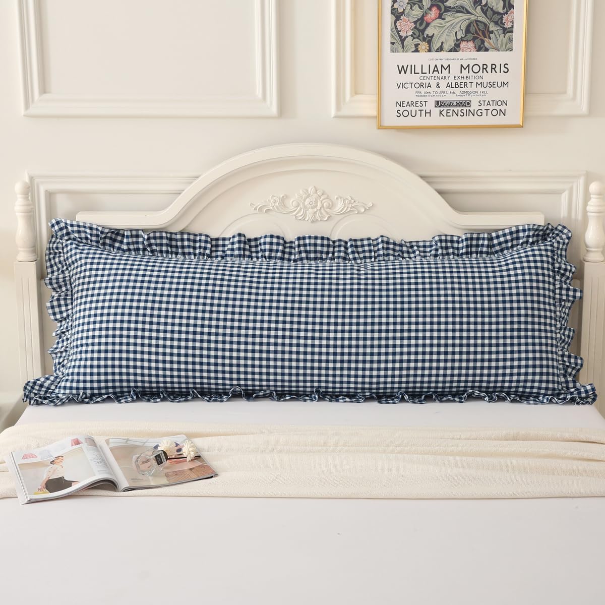 Silnuo Navy Blue/White Plaid Ruffled Body Pillow Cover Washed Cotton Shabby Checkered Gingham Farmhouse Pillow Sham 20"x54" (1 Piece,Navy Blue Plaid)