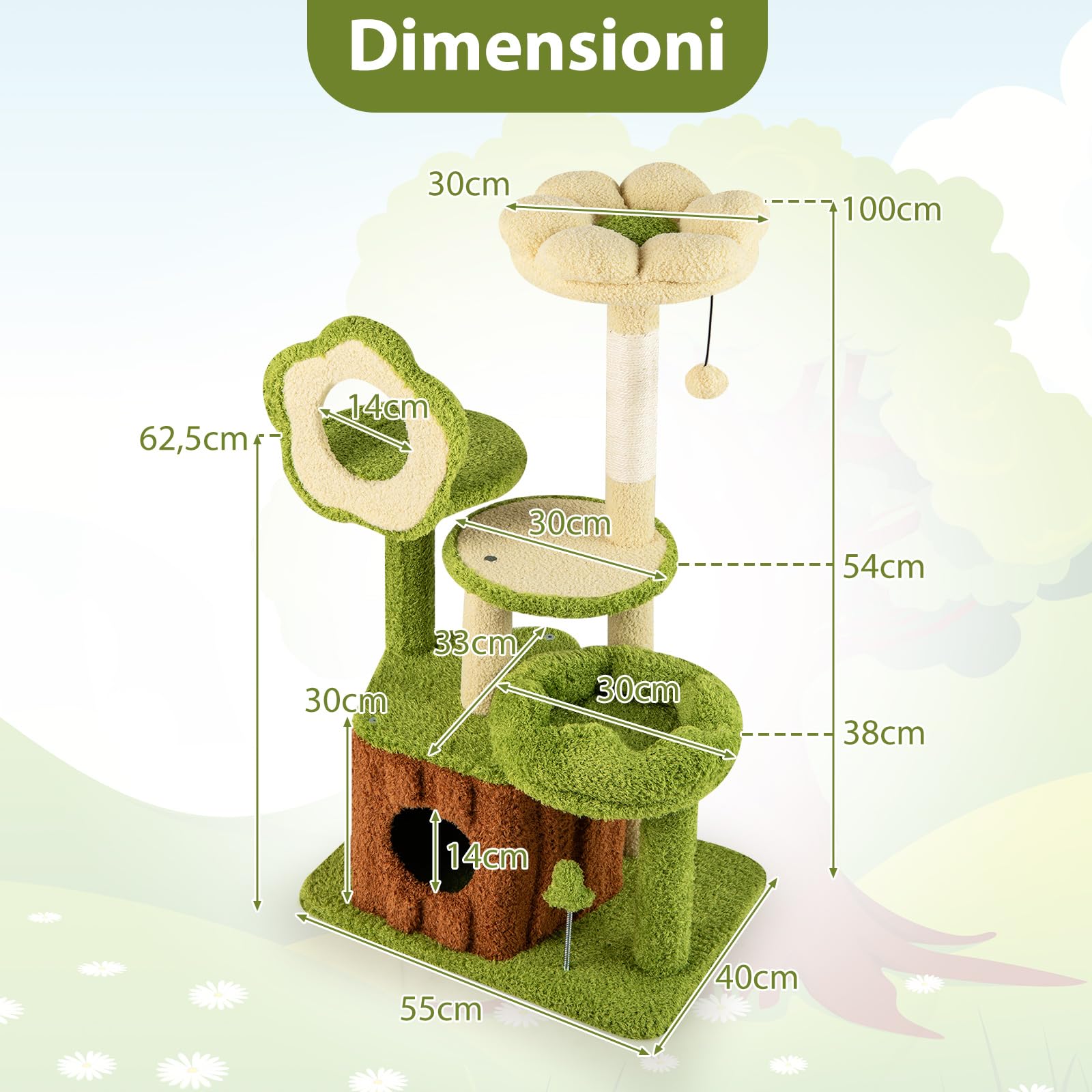 GYMAX Albero per Gatti Multilivello, Torre per Gatti con Nicchia a Forma di Tronco, Posatoio a Forma di Fiore, Letto per Pisolino, Piattaforme, Tiragraffi, Pompon, Palla a Molla