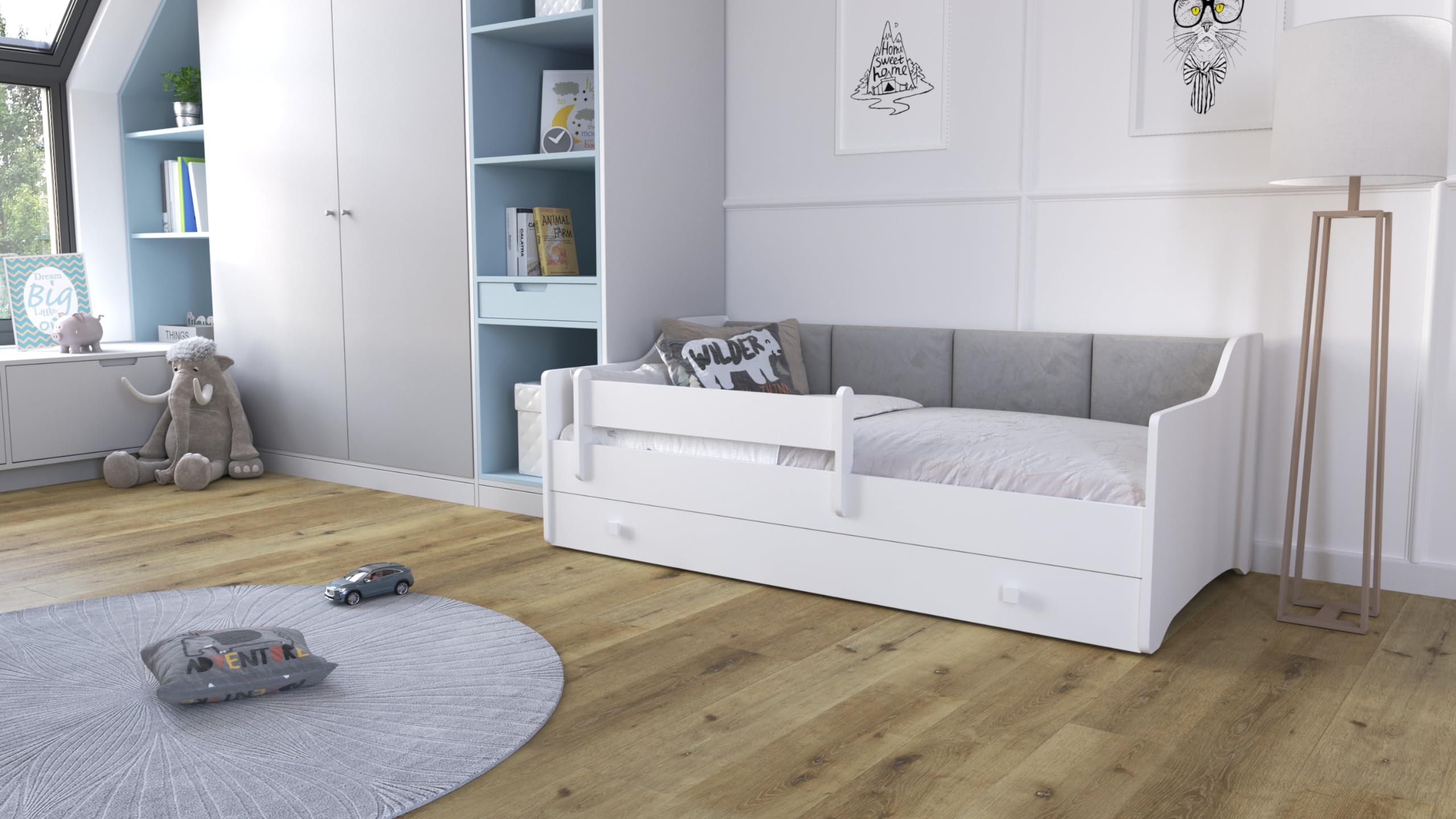 Kobi Lit Enfant Eryk Blanc | 160x80 | Panneaux rembourrés | Tiroir, Matelas, Garde-Corps | pour la Chambre des Enfants | pour Une Fille | pour Un garçon (Panneaux Gris)
