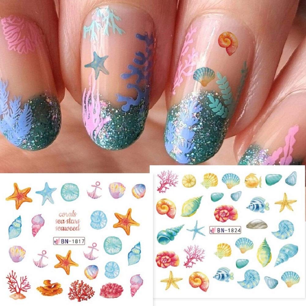 12pcs Ocean Animal Summer Nail Water Decalcomanie Starfish Coral Reef Seaweed Sticker Sea Life Nails Art Transfer Slider