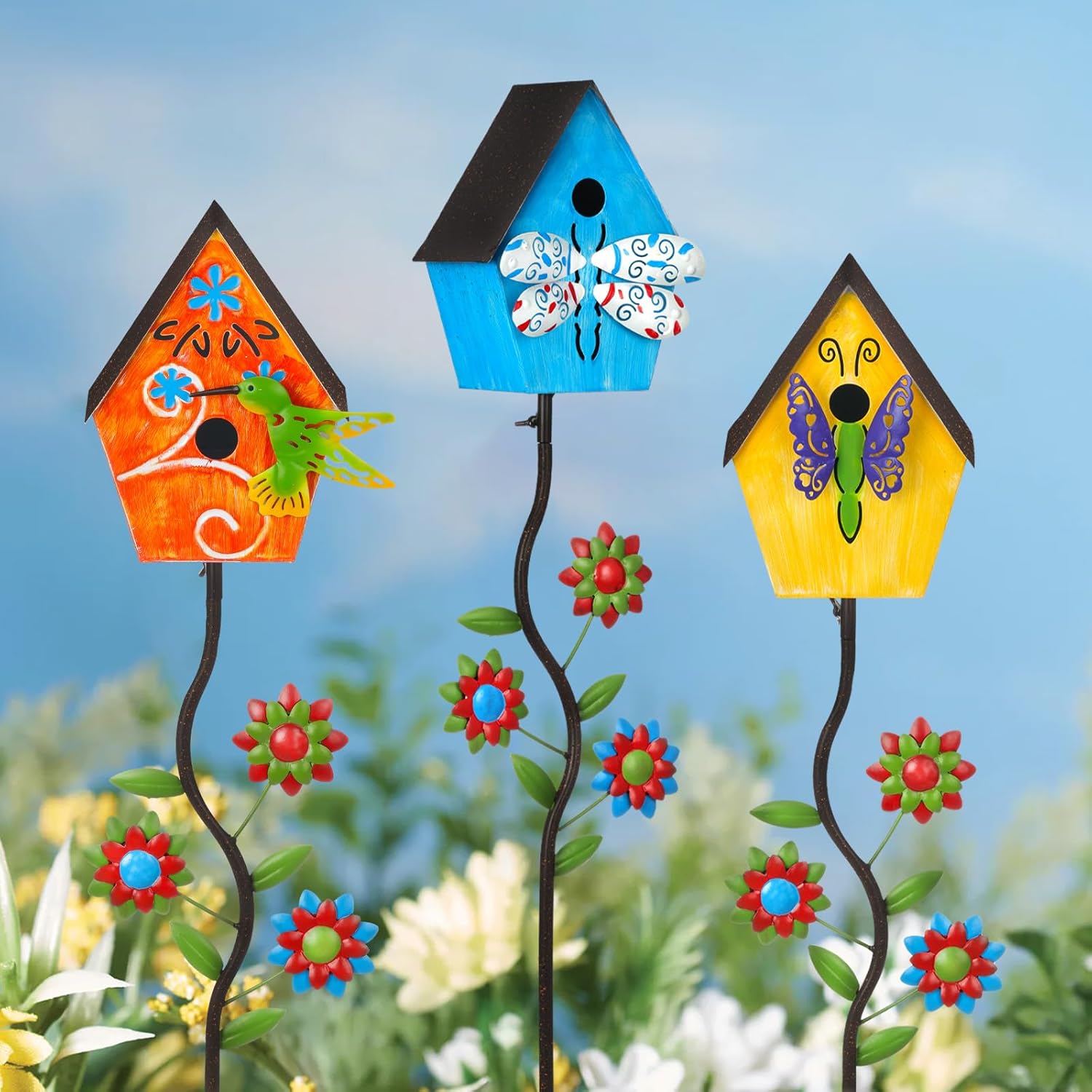 51” Bird Houses Stake for Outside, Metal Wild Bird Feeder Birdhouse Stake Pole with Butterfly Design Outdoor Decorations for Patio, Backyard, Garden