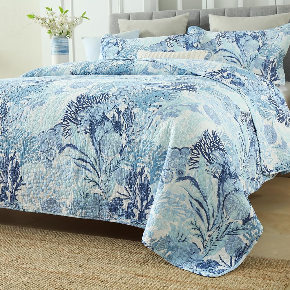 Autumn Dream Cotton Coastal Bedspread Quilt Sets Reversible Bedding Coverlet Sets Comforters, Fairytale Seaweed Blue Bedspread, Blue Ocean, King Size