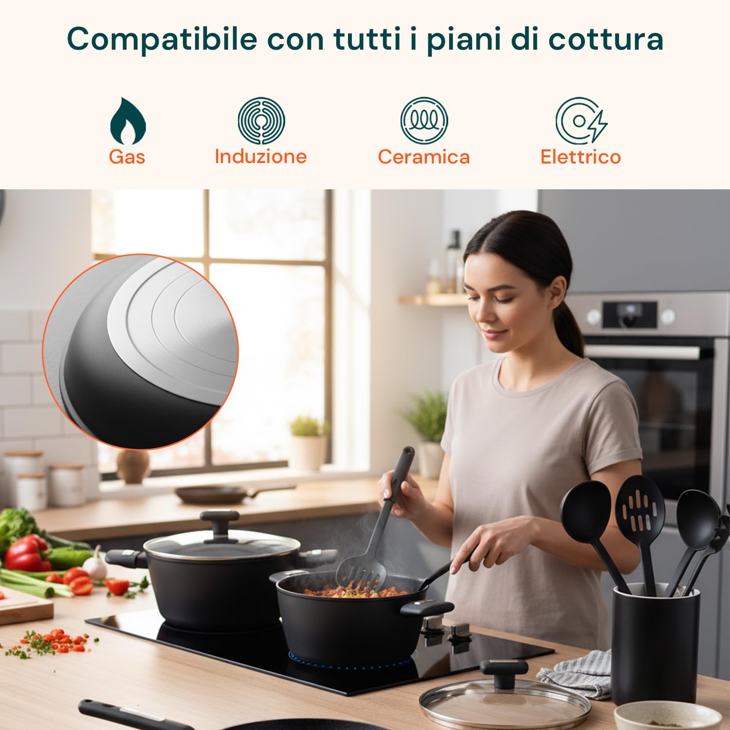 Wintem - Batteria Pentole e Padelle 13 Pezzi Antiaderenti nere per Cucina Moderna e Tradizionale Compatibile con Piano a Induzione, Rivestimento in Alluminio, Coperchi in Vetro e Manici Ergonomici