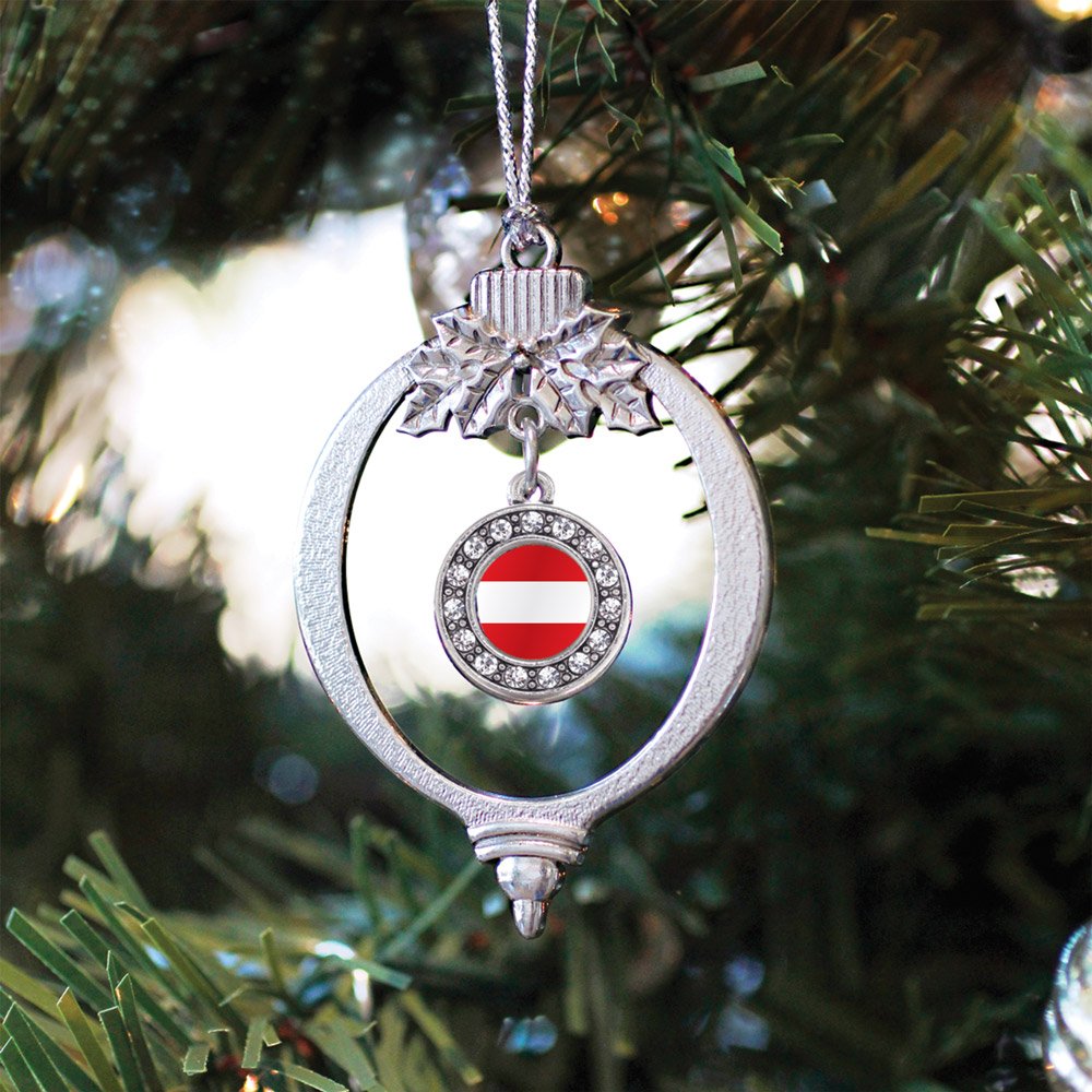 Inspired Silver - Austria Flag - Silver Christmas Ornament - Circle Charm Christmas Tree Ornament with Cubic Zirconia - Holiday Hanging Decoration