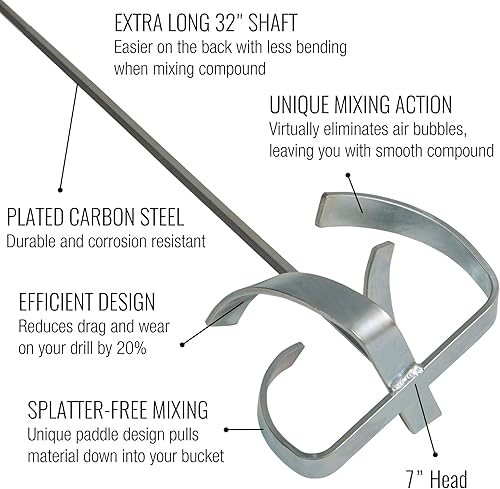 Miniatura 8 de Mezclador de lodo para paneles de yeso - LEVEL5  Eje de 32 pulgadas de cabeza de 7 pulgadas  Grado profesional  paleta de accesorio de taladro extra