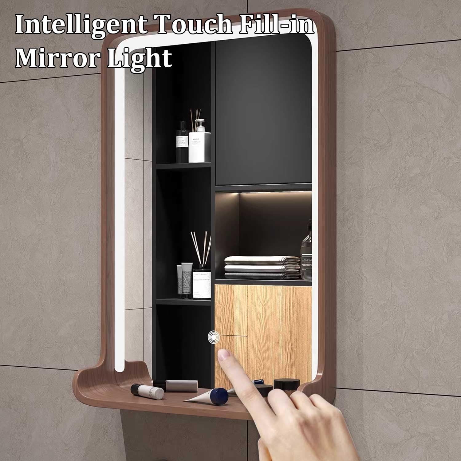 Led Bathroom Vanity Mirror Wall Mounted Wood Square Makeup Mirror Dimmable Three-Color Lighting for Entryway Bedroom Bathroom Living Room(White)