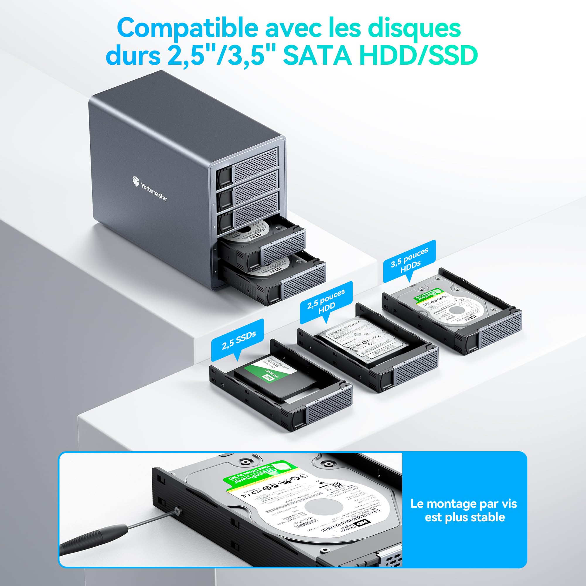 Yottamaster 5 Baies Boîtier Disque Dur Externe, USB 3.0 pour 2,5"/3,5" SATA HDD/SSD, Jusqu’à 5 × 24 to, Boîtier Multi Disque Dur en Aluminium avec Ventilateur Intégré de 80 mm
