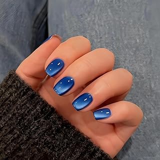 KQueenest Royal Blue Cat Eye Press on Nails Short, 30 Pcs Glitter Press on Nails Coffin Shape, Sparkly Bling Chrome Fake Nails Press on Short Square, Reusable Luxury Soft Gel Glue on Nail for Women