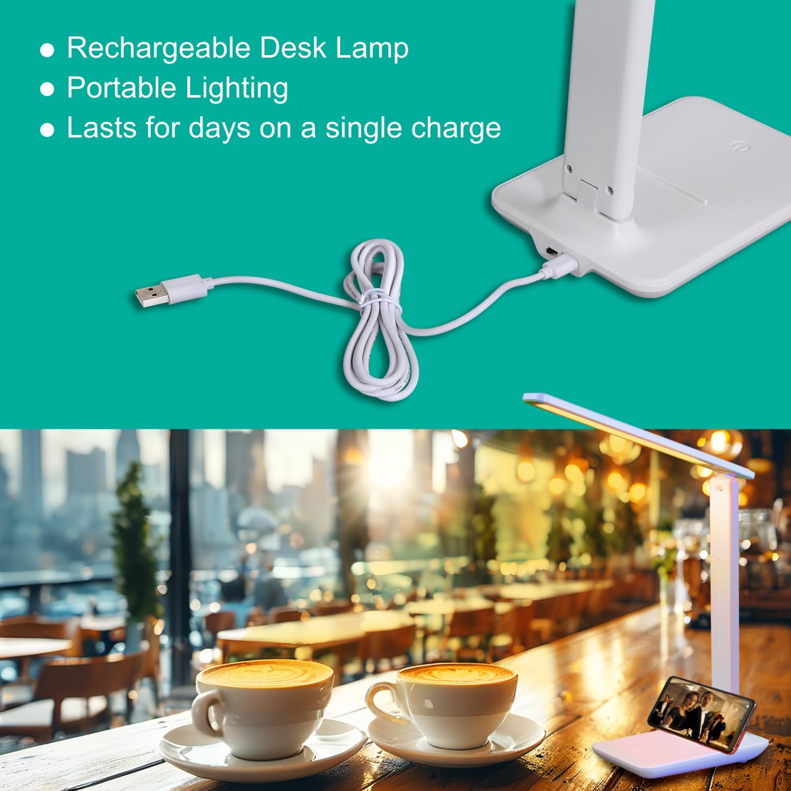 Lámpara de escritorio LED portátil, lámpara de mesa amigable con los ojos para oficina en casa, lámpara de escritorio recargable regulable con 3 modos de color, control táctil, diseño plegable y 5