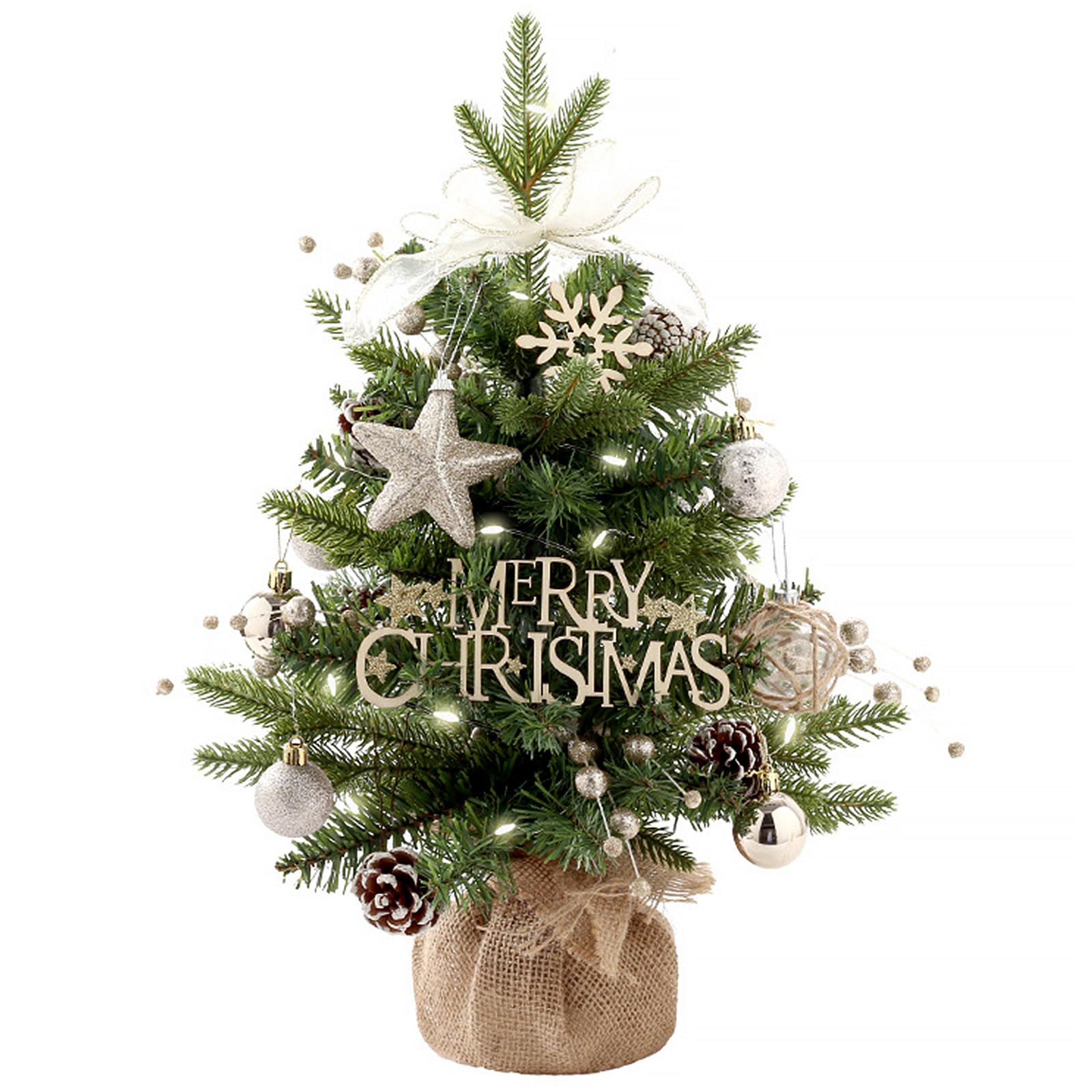 DUOJIN Árboles de Navidad artificiales, decoración navideña, mini árboles de Navidad artificiales giratorios con iluminación, copos de nieve, estrellas y conos, 50 cm