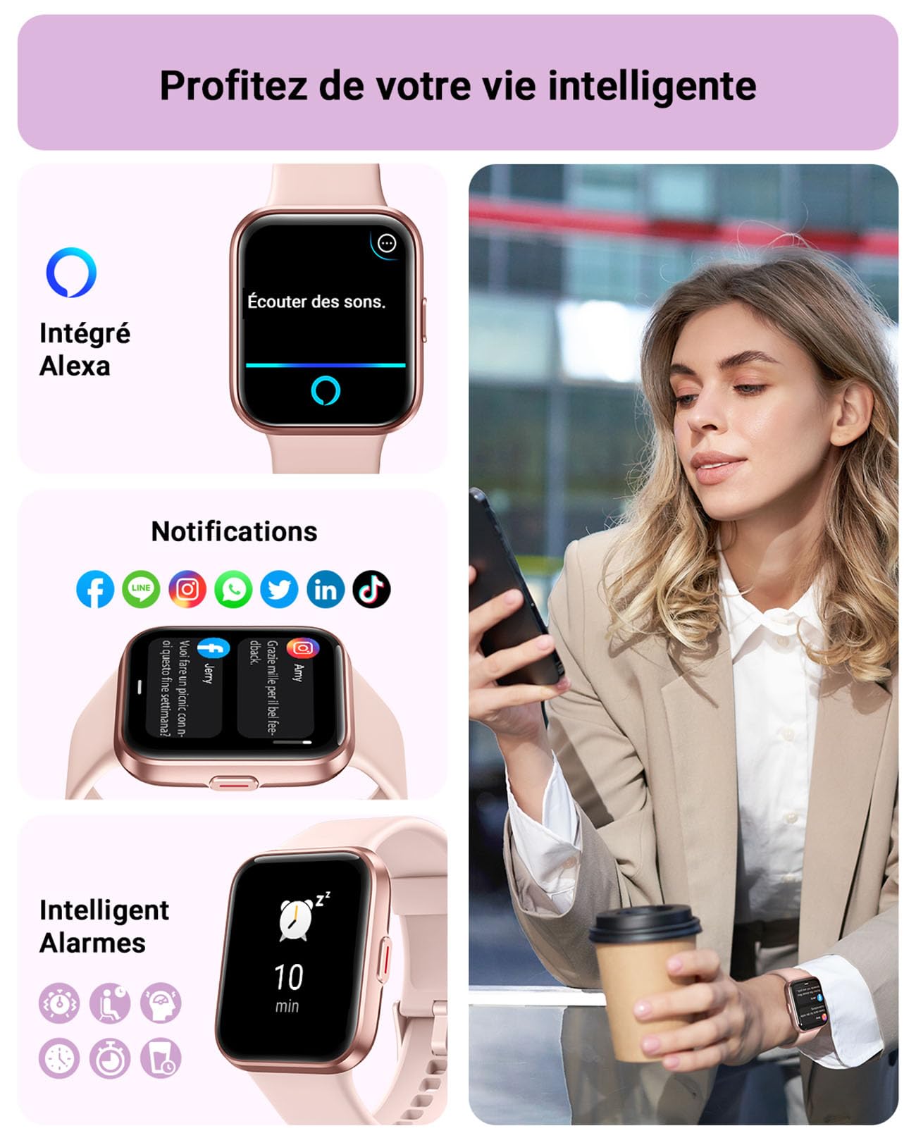 Montre Connectée Femme, 1,85" Homme Smartwatch pour Samsung iPhone Android, Alexa intégrée 3ATM 100+ Modes Sportifs Moniteur de SpO2/Sommeil/Fréquence Cardiaque/Podometre/Calories Rose