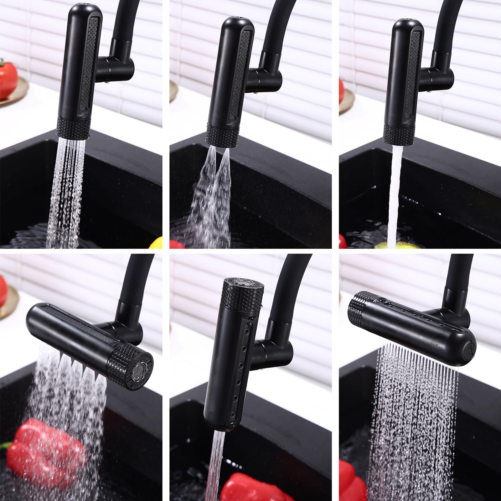 XJTNLB Grifo Cocina Bajo Ventana Negro Grifo Cocina Flexible Cascada
