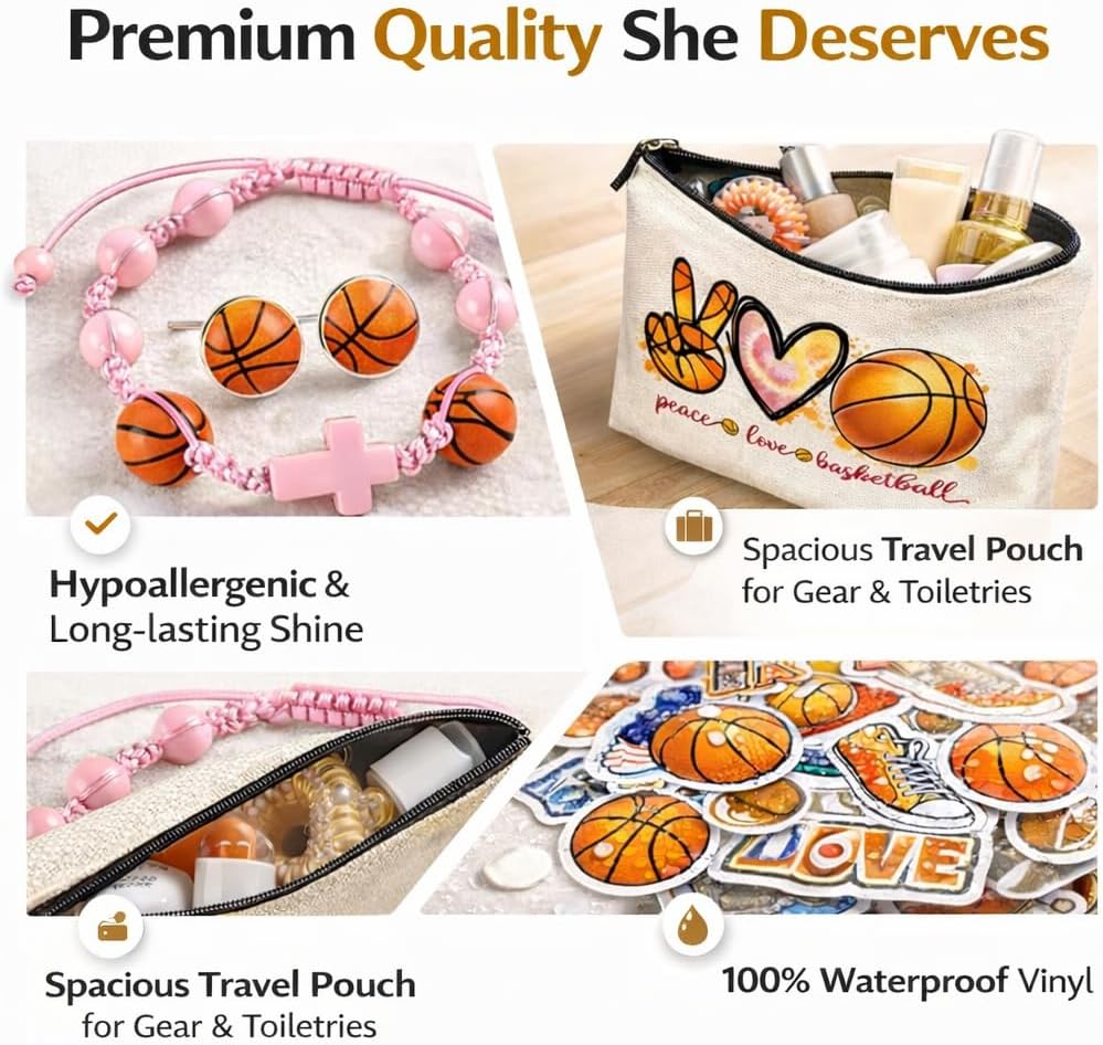 Basketball Gifts for Girls with Fun Socks Makeup Bag Bracelet Earrings for Sport Lovers & Players Birthday, Team Gifts