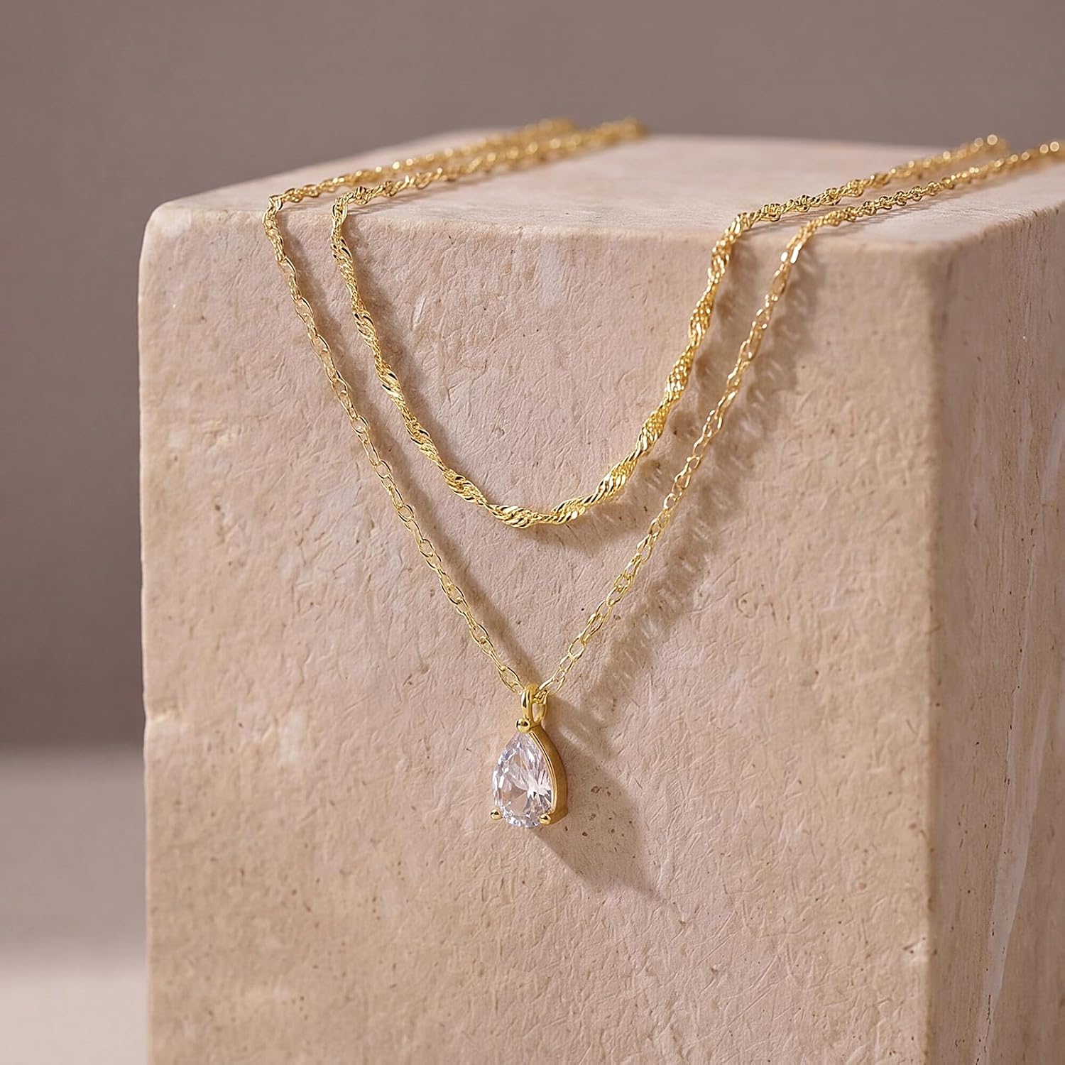 Gold Necklace Stack, 14K Gold Sterling Silver Plated Layered Cubic Zirconia Teardrop Rectangle Pendant Necklaces for Women Dainty Stainless Steel Waterproof Non-Tarnish Stackable Necklace Set Jewelry