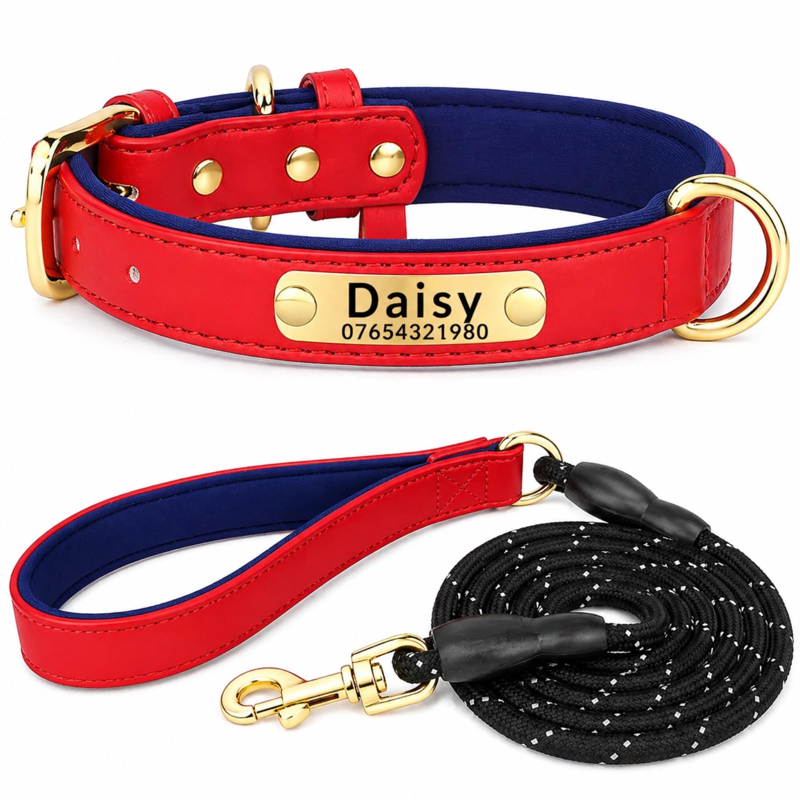 SEOUGEE Genuine Leather Dog Collar Personalised and Leash Set, Soft Padded Leather Dog Collars Heavy Duty with Custom Engraved Name Plate for Small Medium Large Dogs (S, Red & Blue Set 23-32cm) — image 1