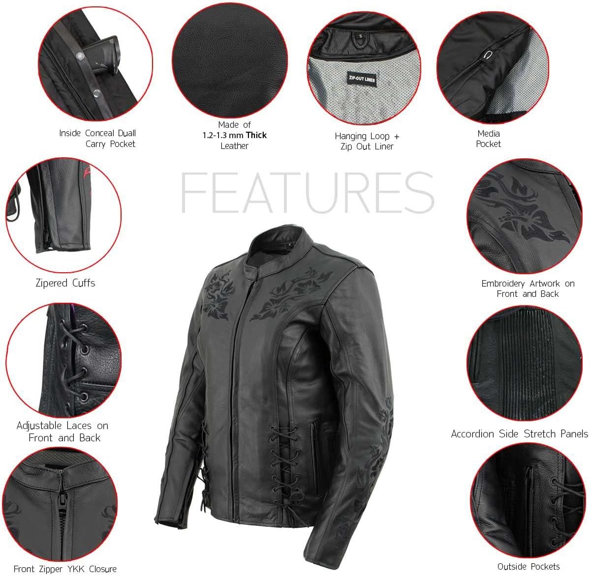 Milwaukee Leather LKL27004 Women's Premium Black Leather Embroidered Jacket with CE Armor Protection - X-Small