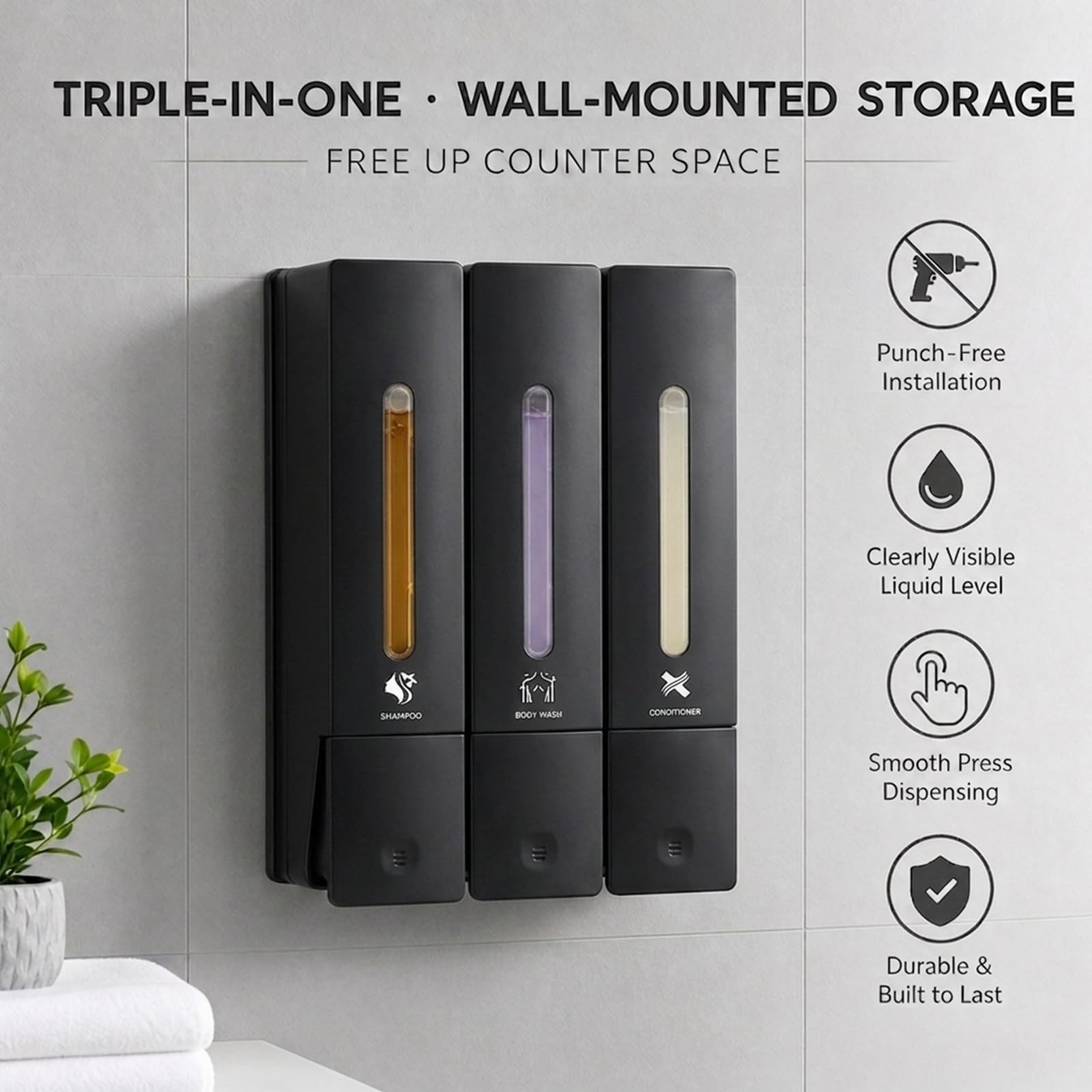 dispenser sapone nero 3 camere montaggio a parete per bagno hotel