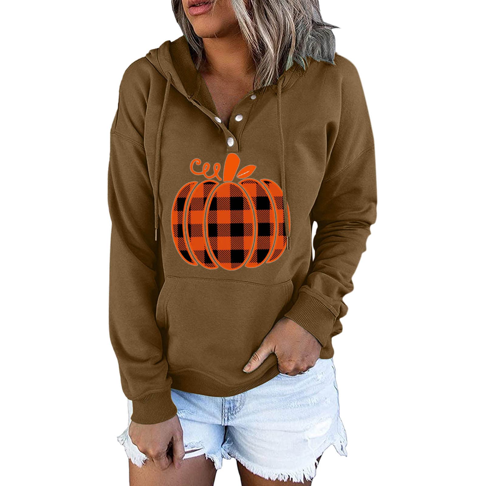 HAICOMwith Sleeve Women Hooded Halloween Pocket Drawstring Long Sleeves Button Printing Sweatshirt Top