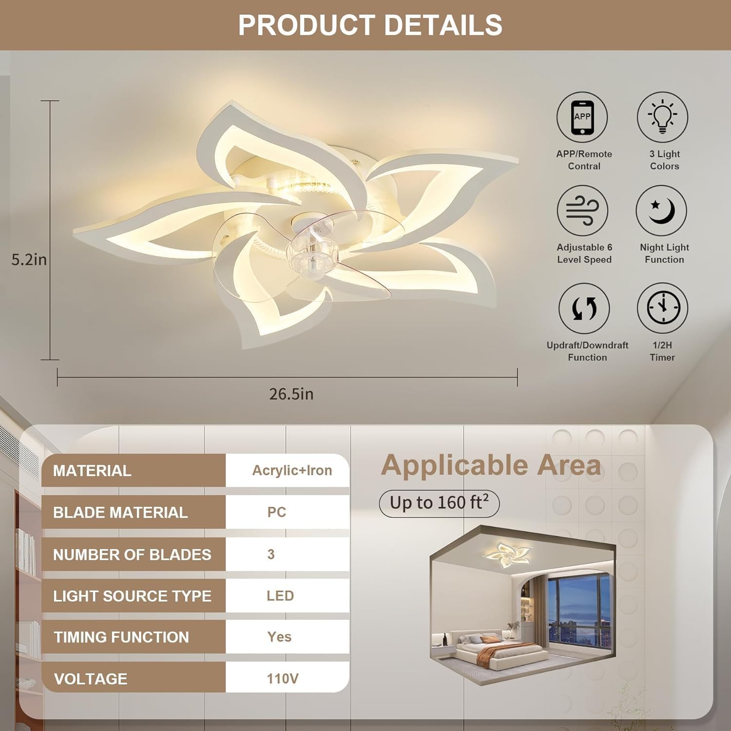 Ceiling Fan with Lights Modern Flower Shape Flush Mount Ceiling Fan Light Dimming LED Light and Remote Control 3 Color Temp Nordic White Ceiling Fan Lamp for Kids Room Living Room Bedroom